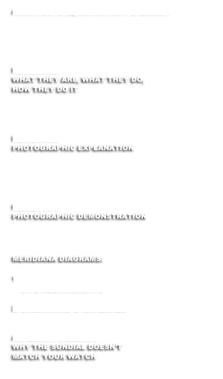 ARCHITECTURE, ASTRONOMY & ENERGY





MERIDIANE:
WHAT THEY ARE, WHAT THEY DO,
HOW THEY DO IT




MERIDIANA:
PHOTOGRAPHIC EXPLANATION





MERIDIANA:
PHOTOGRAPHIC DEMONSTRATION




MERIDIANA DIAGRAMS:

FUNCTIONALITY &
    SITE REQUIREMENTS

2. DIMENSIONS & MATERIALS


ANALEMMA DILEMMA:
WHY THE SUNDIAL DOESN’T
MATCH YOUR WATCH
